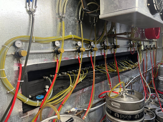 Inside a keg cooler with beer lines connected to kegs