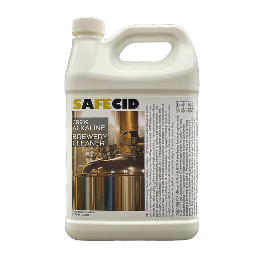 A one gallon bottle of Safecid alkaline brewery cleaner
