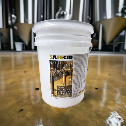 A 5 gallon pail of SAFECID Alkaline Beer Line Cleaner with a label showing the product name and an image of a beer tap in the background.