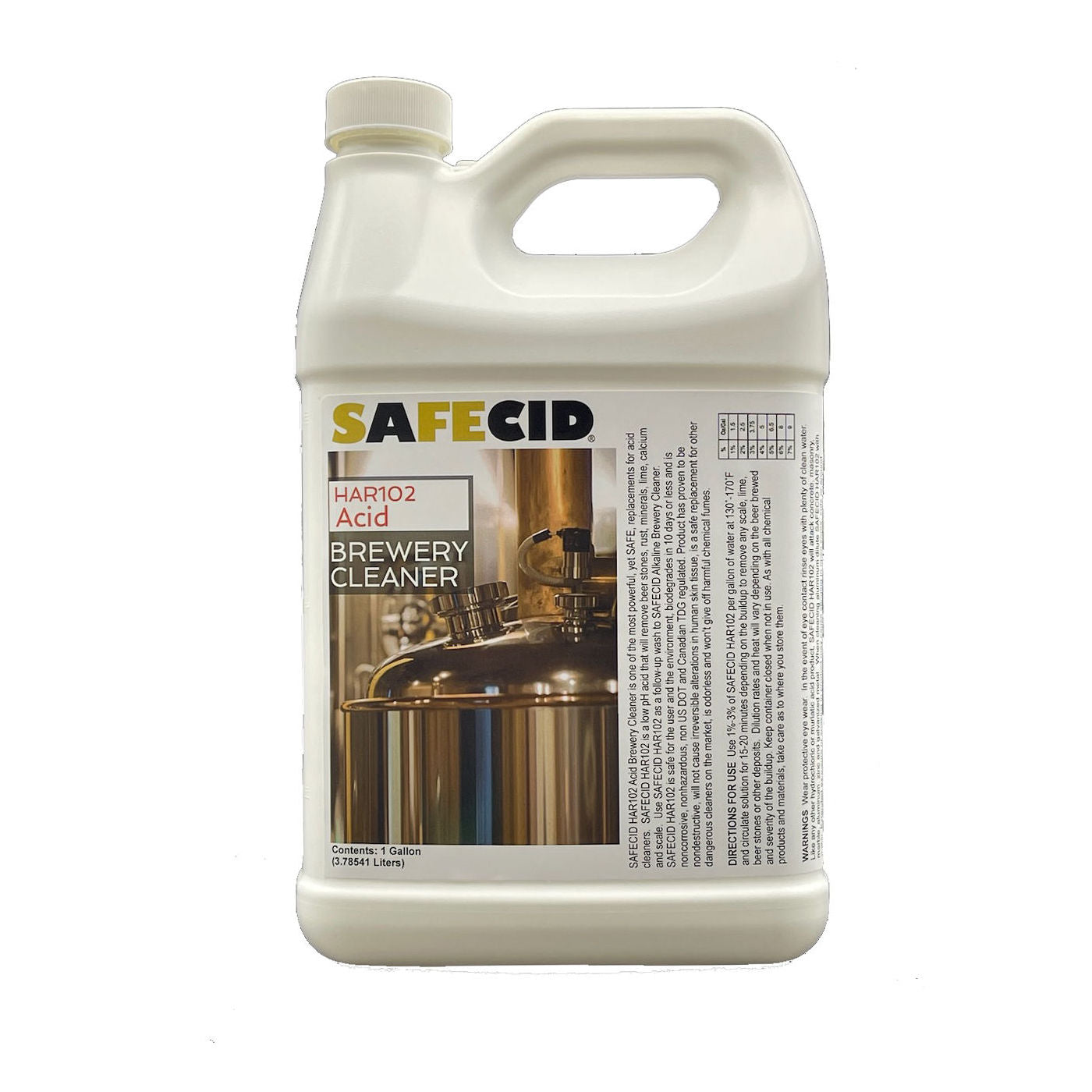 A one gallon bottle with a label that includes the text 'SAFECID HARIO 2 ACID', along with an image of brewery equipment.