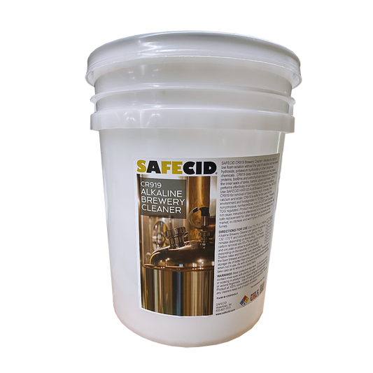 A 5 gallon pail of SAFECID Brewery Alkaline Cleaner